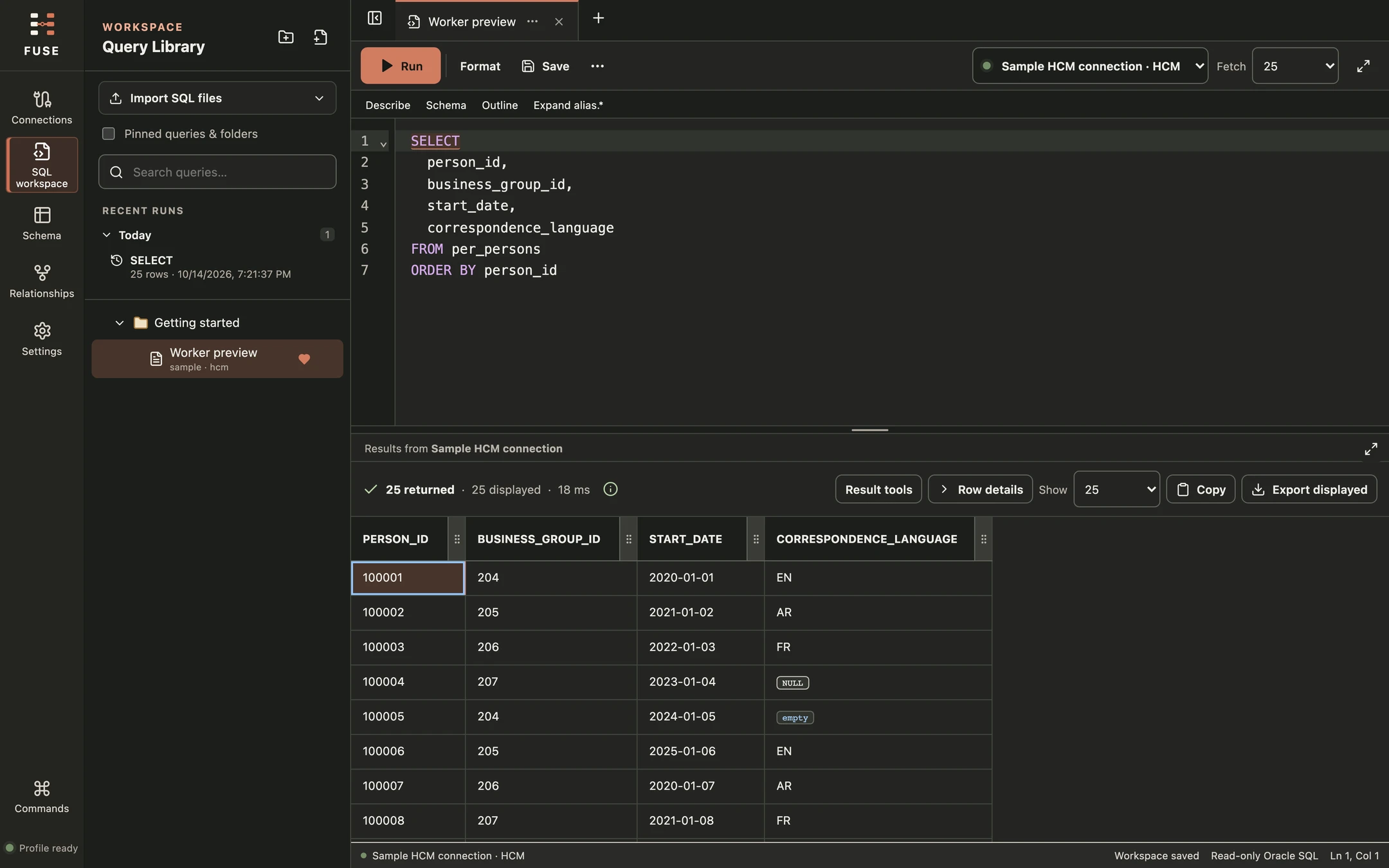 FUSE dark theme, showing the SQL editor, query library and results with sample data