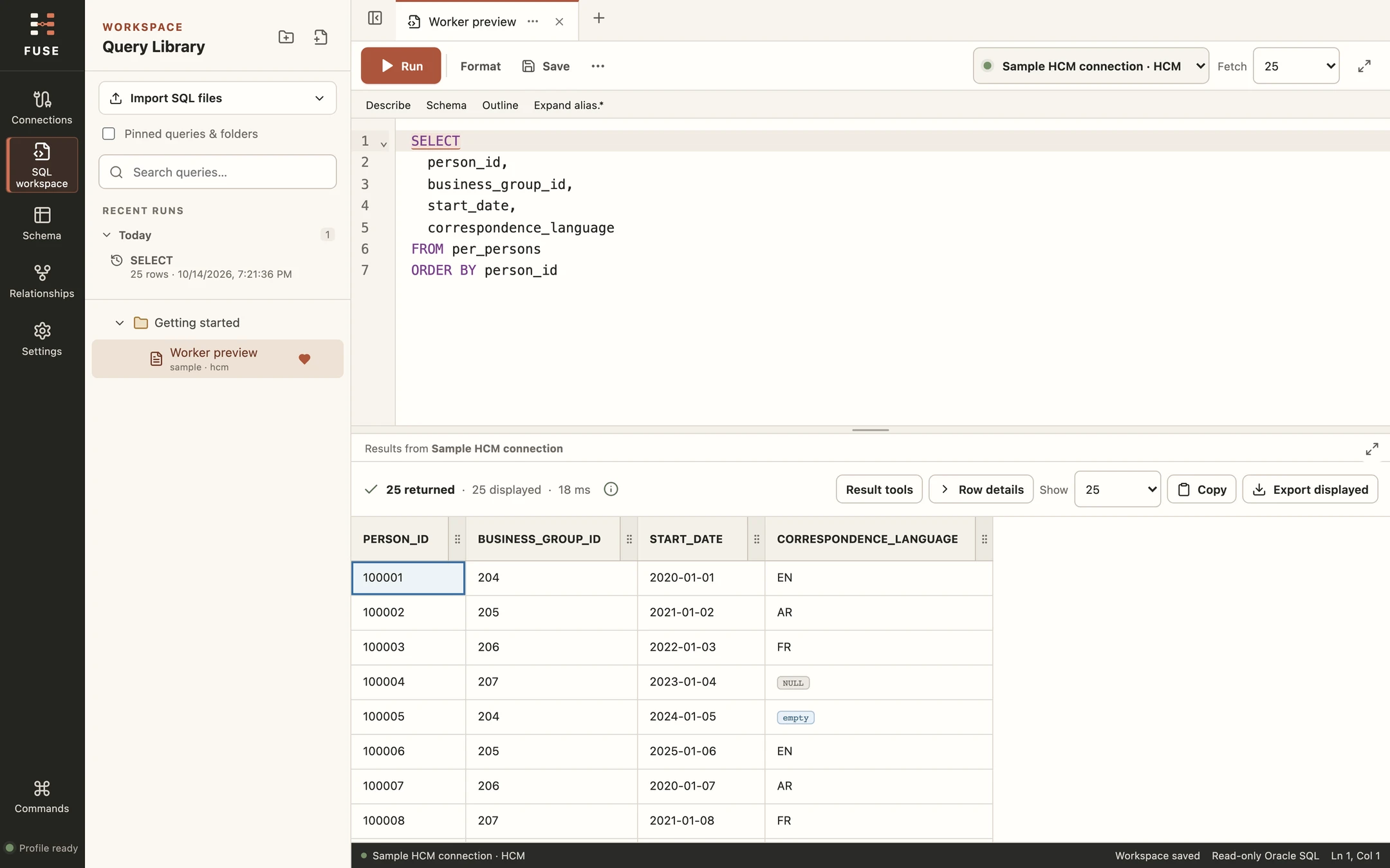 FUSE light theme, showing the SQL editor, query library and results with sample data